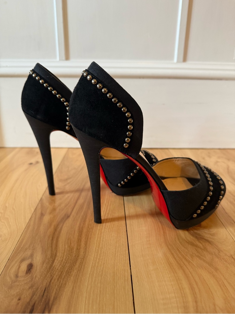 Christian Louboutin Black Suede Studded Stiletto Pumps with Red Soles